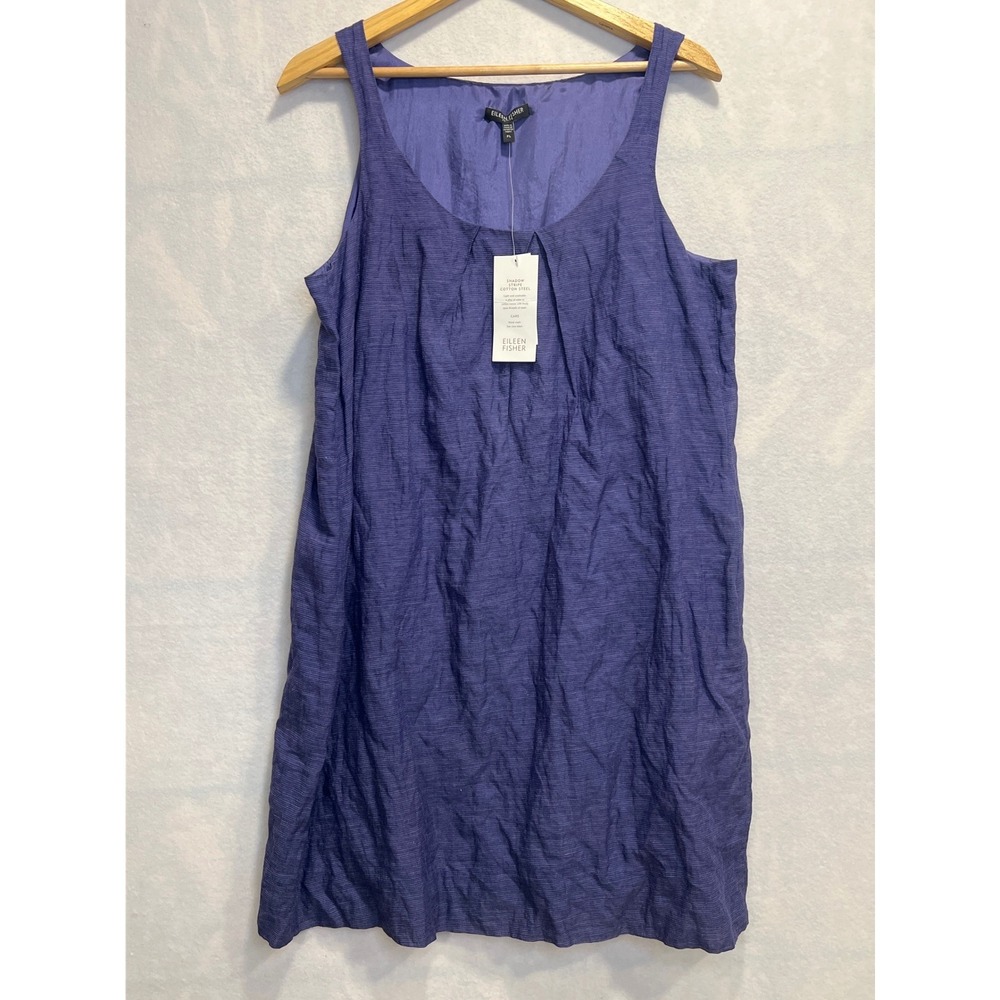 Eileen Fisher Petite Linen Blend Tank Dress Shadow Stripe Cotton Steel Purple